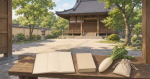 一般的な寺院の境内を背景に、白紙の三欄ノートと参考書、大根と無地の巾着を並べた参拝前の学習イメージ