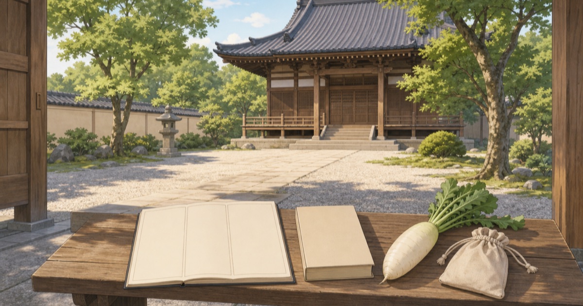 一般的な寺院の境内を背景に、白紙の三欄ノートと参考書、大根と無地の巾着を並べた参拝前の学習イメージ